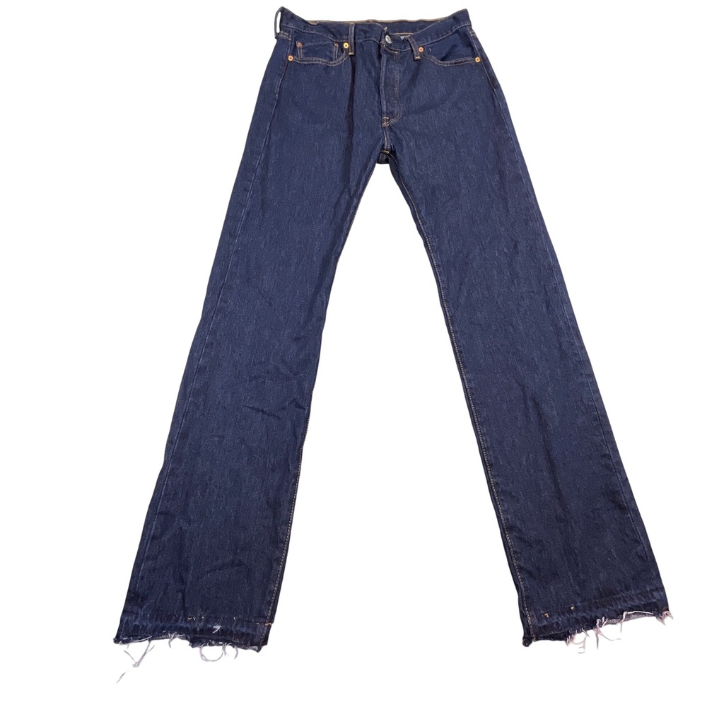 Levis 501 Jeans Mens 34x34 Dark Indigo Raw Hem Button Fly Straight Leg Denim